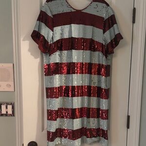 Crimson and light blue Sequin Striped Dress Anthropologie